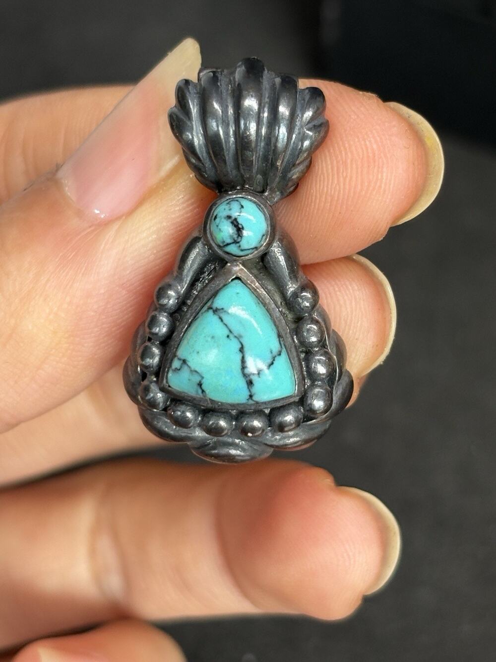 Vintage Navajo Sterling Silver Turquoise Pendant Shell Open Bail Design 9.9g